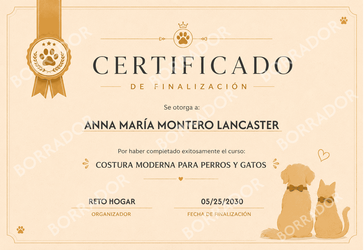 certificado personalizado curso costura mascotas reto hogar
